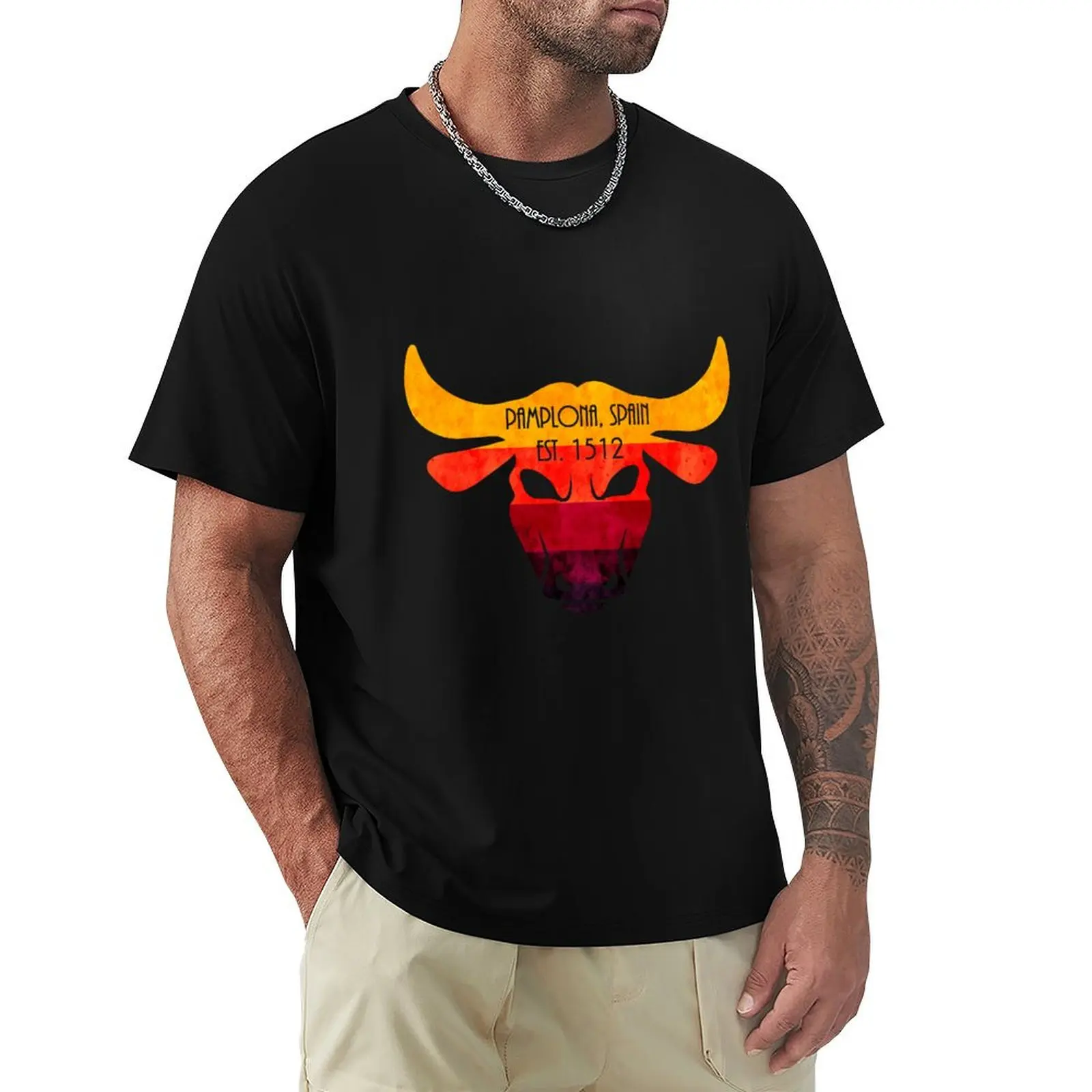 Camiseta Casual Básica de Manga Corta con Diseño de Toro de Pamplona, España