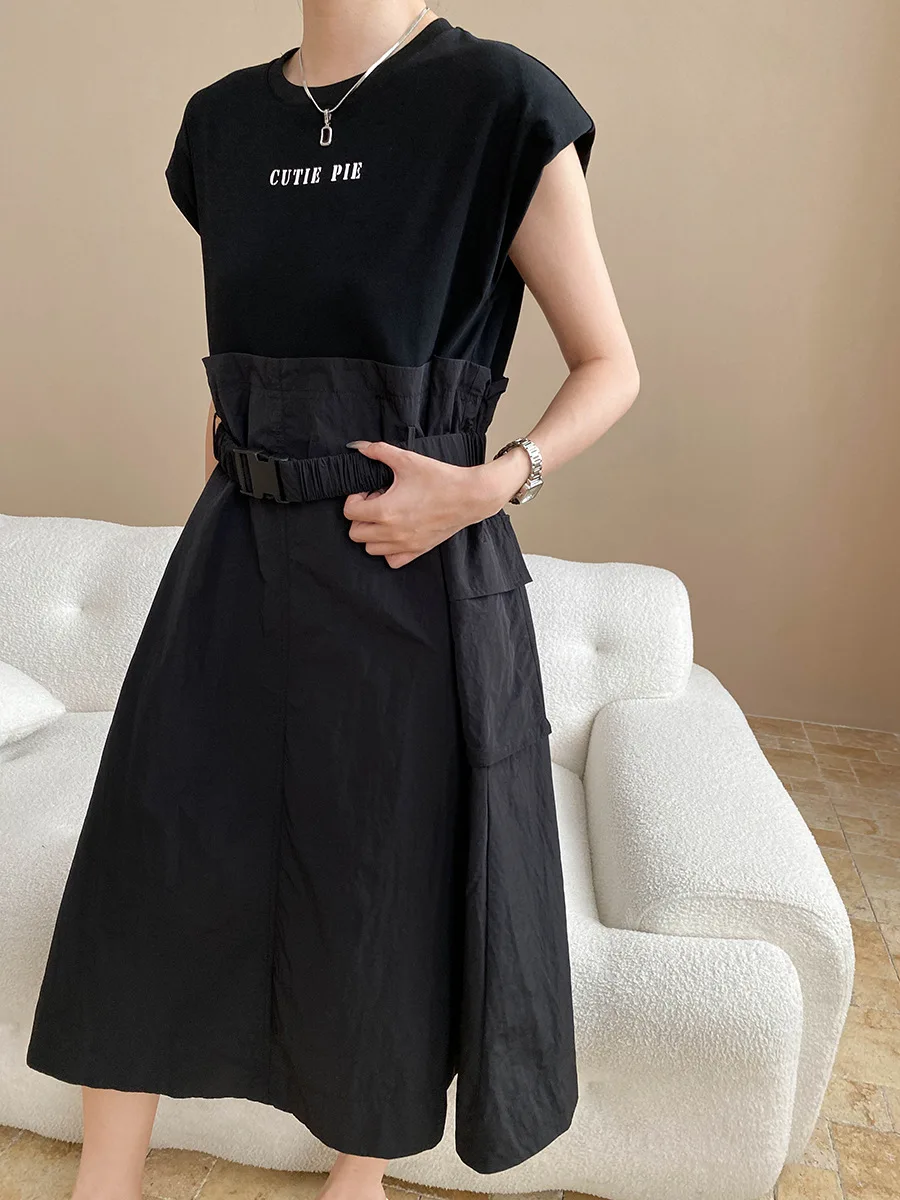 

Spring and summer women's casual solid color round neck short sleeved fake two-piece dress