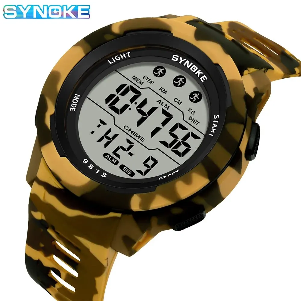 SYNOKE Men Outdoor Sports Multifunctional Waterproof Large Screen Display Luminous LED Digital For Men Fashion Camouflage Watch