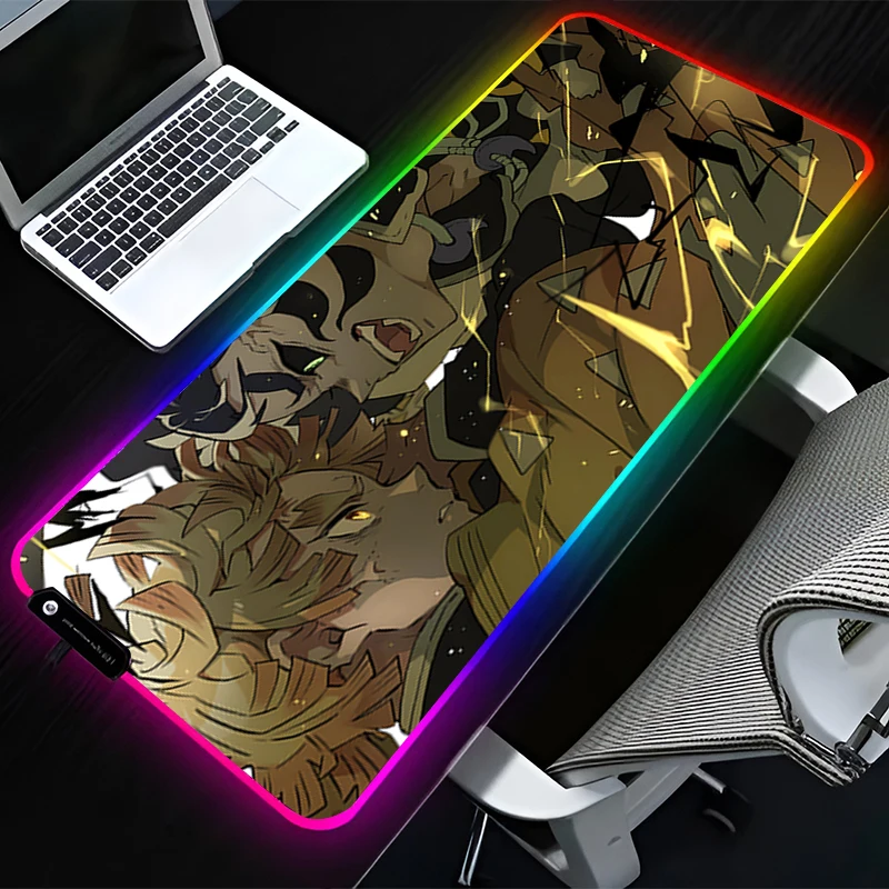 RGB LED Mouse Pad Rubber Mousepad Laptop Gaming Mats PC Accessories Extended Pad Office Non Slip D-demon Slayer Zenitsu Desk Mat