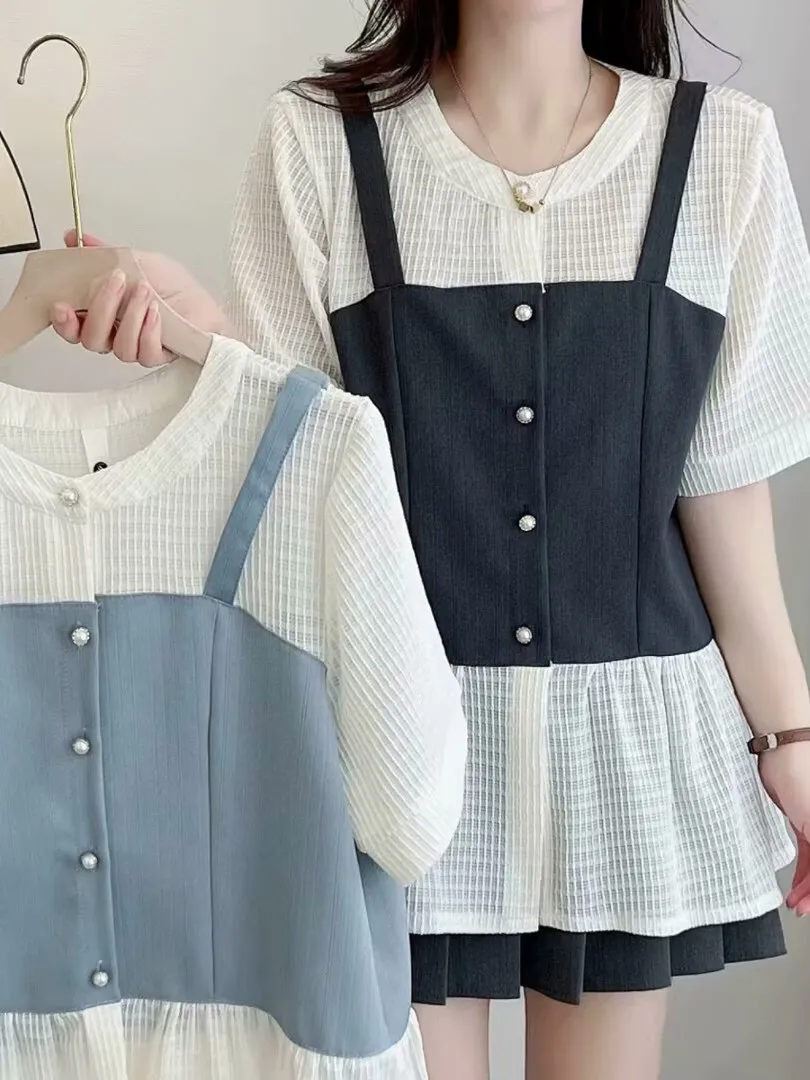 

plus Size Women's Summer Faion ort Sve Splice Color Blo Cardigan irt Top Korean Sle Loose Fit Polyester Fiber