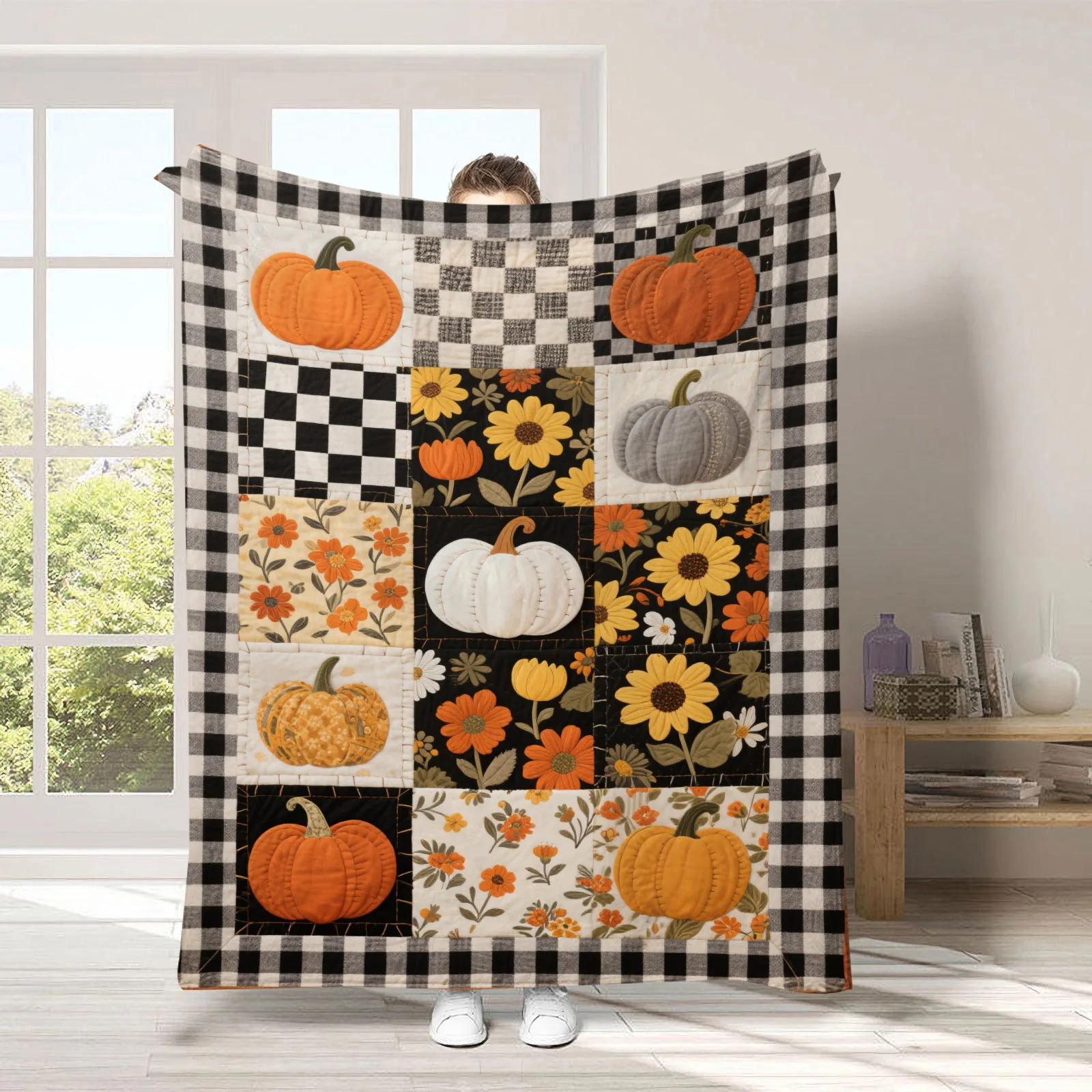 Black White Check Pumpkin Floral Harvest Flannel Blanket For Fall Home Decor Soft Warm Throw Blanket Wrap