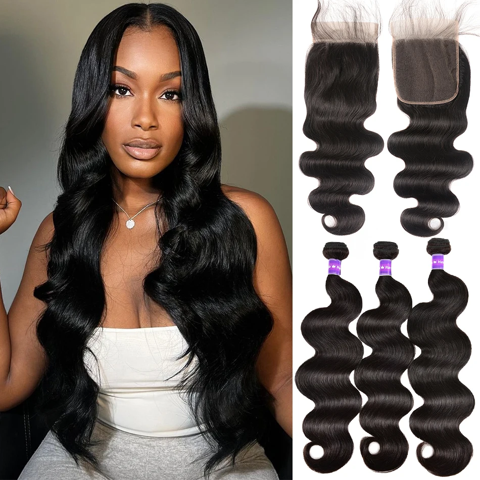 Body Wave Human Hair Bundels Met Kant Frontale Sluiting Peruaanse Haarbundels Met Sluiting Remy 100% Human Hair Extensions