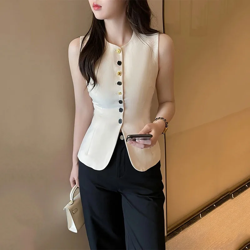Bege sem mangas fino em torno do pescoço colete feminino verão outono 2025 novo temperamento elegante casual versátil colete topo feminino