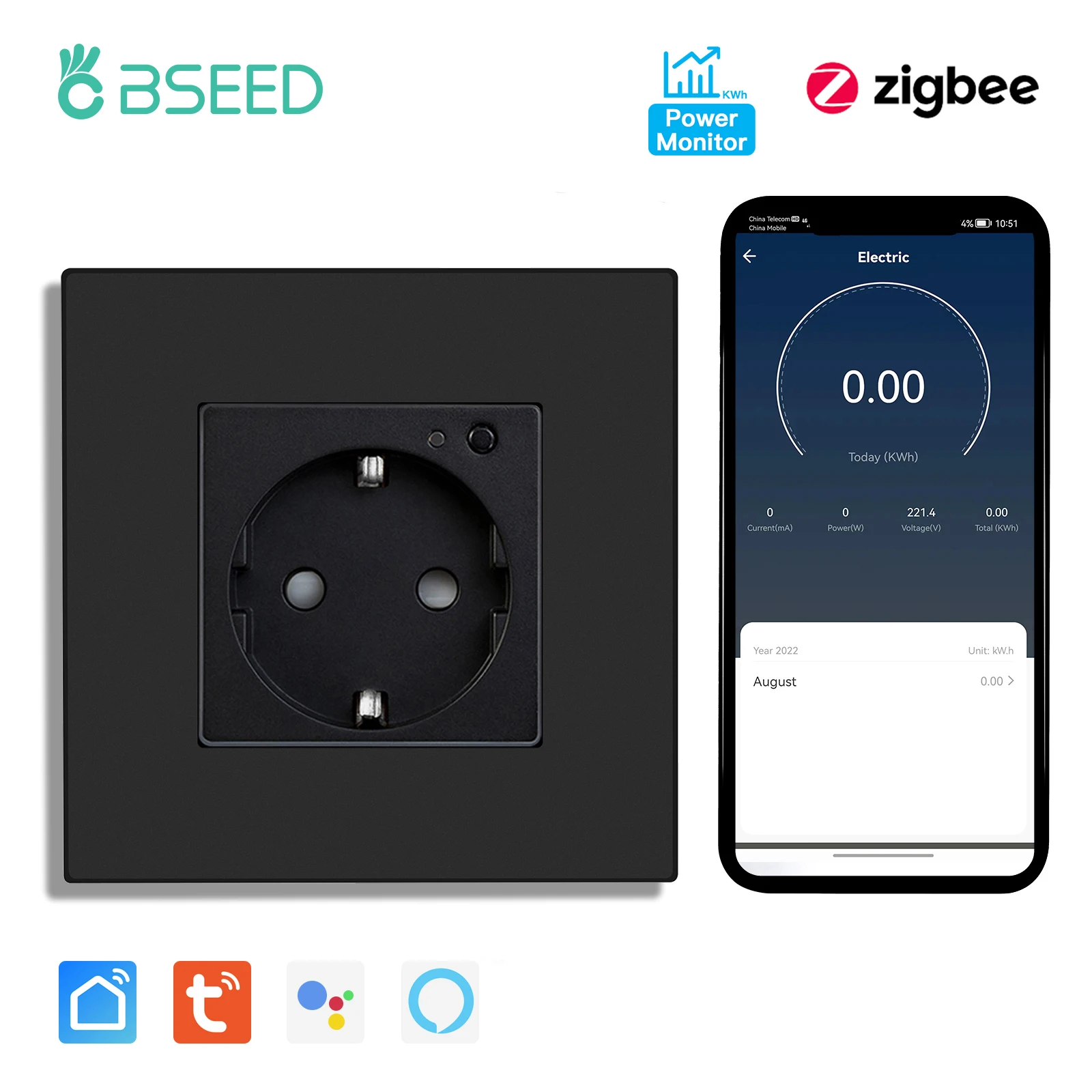 Bseed Zigbee Energy Monitor Steckdose PC Kunststoffrahmen Doppelte Smart Outlets Dreifachstecker Tuya Google Home Smart Life Control