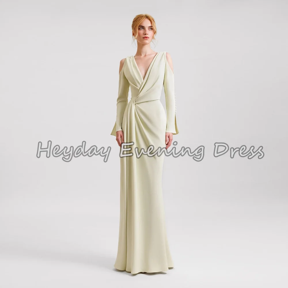

Heyday Crepe A-line V-neck Floor Length Simple Pleats Evening Dresses For Women 2025 With Long Sleeves Saudi Elegant Party Dress