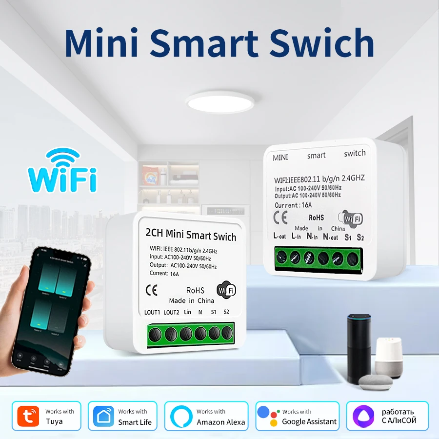 

Модуль умного переключателя Tuya 16A, 1/2 способа, таймер дистанционного управления, реле автоматизации, работает с Smart Life Alexa Google Home