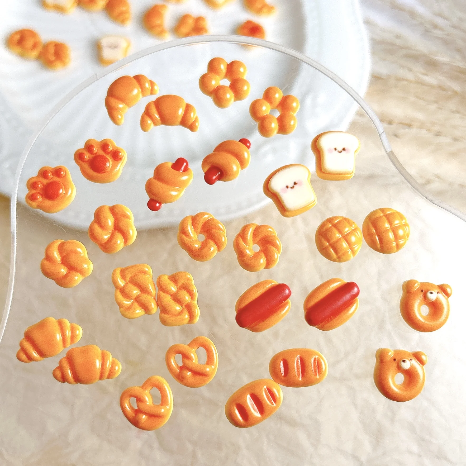20Pcs New Cute Smiley Toast Bear Nail Charms Creative Simulated Sausage Bread Pineapple Bun Resin Nail Art Decorations for DIY