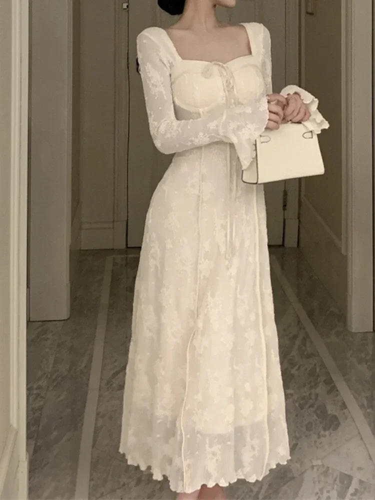 Women Fashion Elegant Casual Midi Dress Spring Vintage Chic A-Line Solid Party Birthday Vestidos Female Clothes Long Robe Mujers