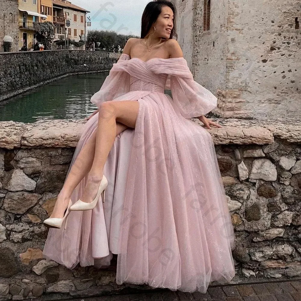 Customized Pink A-line Prom Dress Shiny Tulle Prom Dresses Off Shoulder Vestidos Long Puff Sleeve Evening Party Gowns for Women