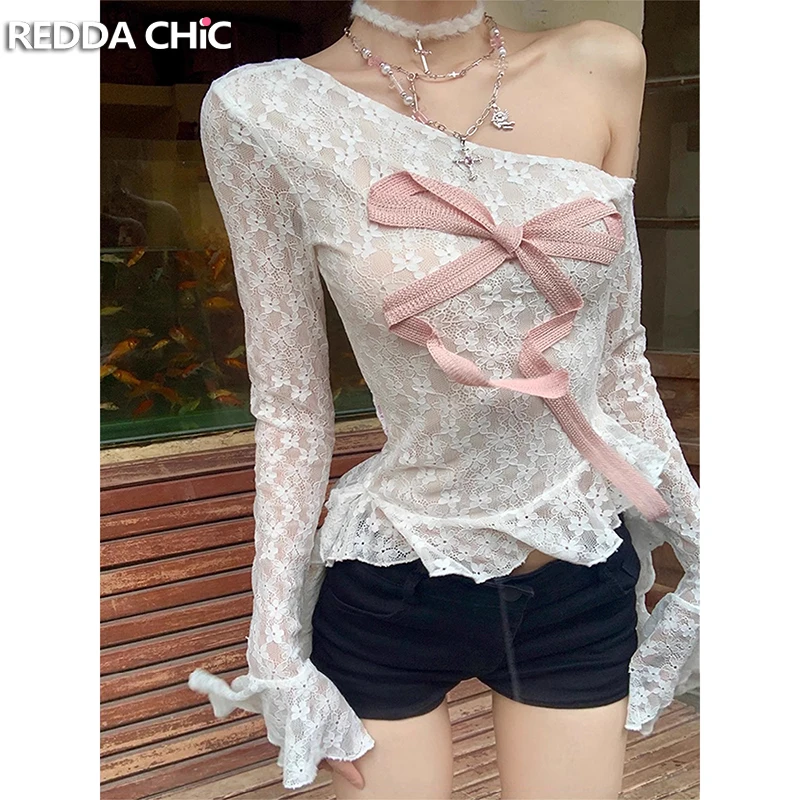 ReddaChic Flowy Ruffle Hem Long Sleeve T-shirt Women White Floral Lace Ribbon Off Shoulder Asymmetrical Top Fall Female Clothing