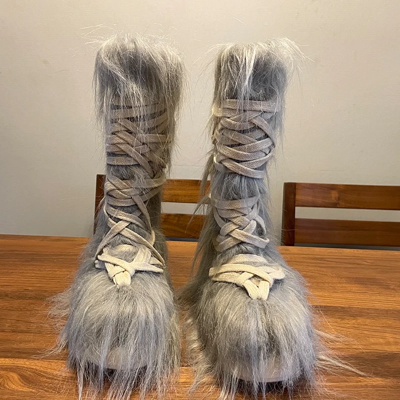 Grey Furry Cross-Strap Platform Mid-Calf Snow Boots Woman Winter 2024 British Style Fashion Round Toe Boots Shoes for Women