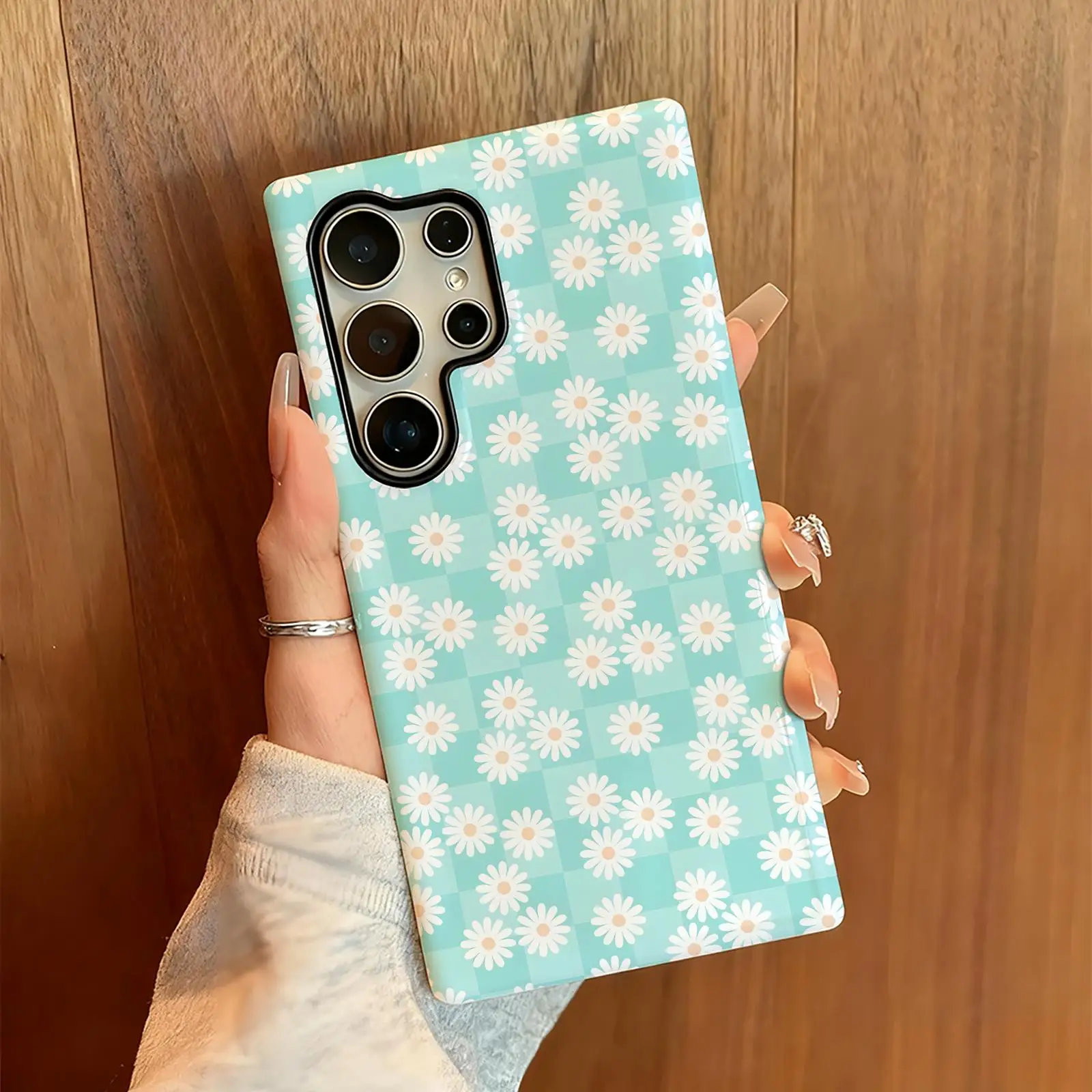 Phone Case For Samsung Galaxy S26 25 S24 S23 S22 S21 Ultra Flowers and Grid Glossy Film Phone Case