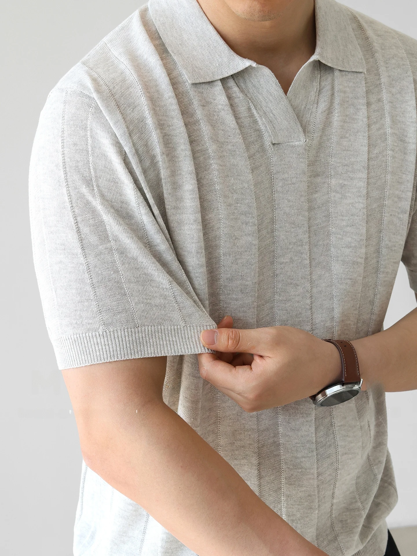 Cool Feeling Mixed Knitted Short Sleeve  Shirt Men Summer Breathable Linen Lyocell Fiber Blend Texture T-Shirt  Top