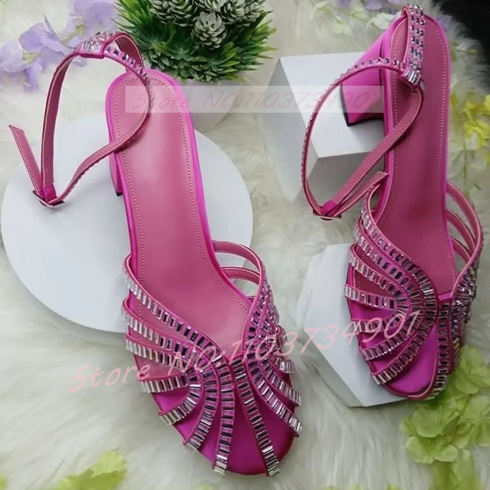 

Caged Toe Block Heels Sandals Women Elegant Crystals Rose Red Satin Round Toe Ankle Strap Shoes Ladies Luxury Classy Party Shoes