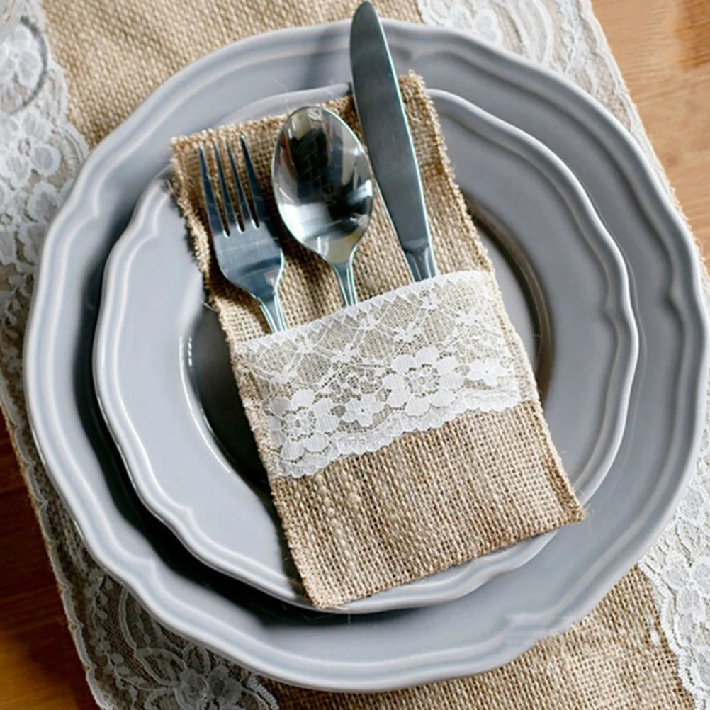 

8Pcs Lace Cutlery Bag Vintage Linen Fork Holder Ecofriendly Nonfading Tableware Pouch for Wedding Party Home Decor