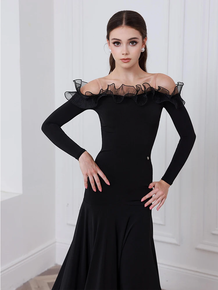 Strój do tańca standardowego 2025, walc, strój konkursowy damski, odkryte ramiona, czarna sukienka do tańca towarzyskiego, sukienki na zawody AMY2430