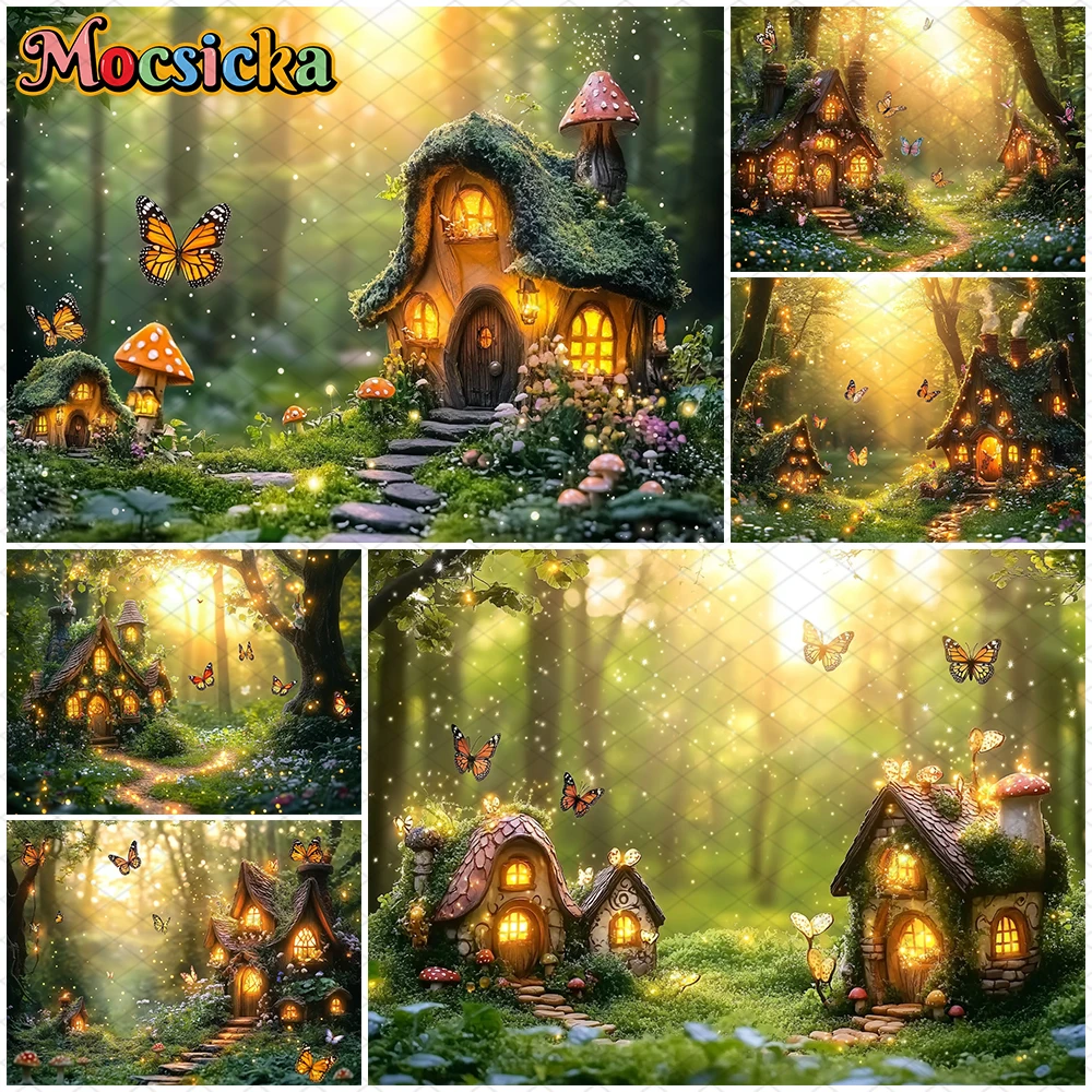 

Mocsicka Mushroom House Photography Backdrops Easter Green Grass Forest Tree Butterfly Pattern Birthday Party Spring Backgrounds