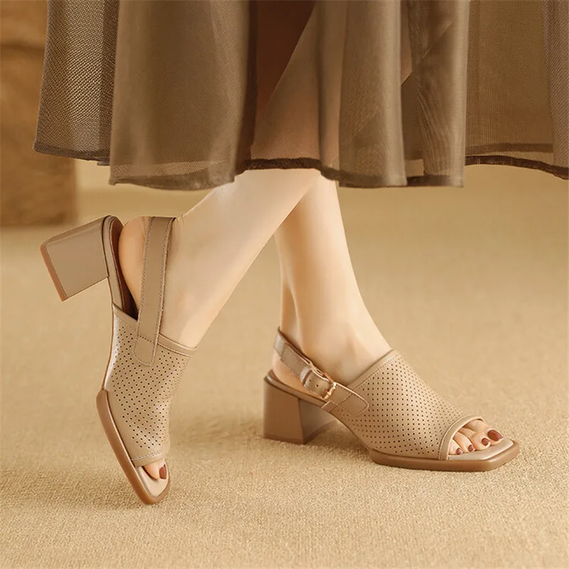 New Genuine Leather Summer Sandals Square Toe High Heels Sandals for Women Zapatos De Mujer Hollow Out Gladiator Shoes Sandals