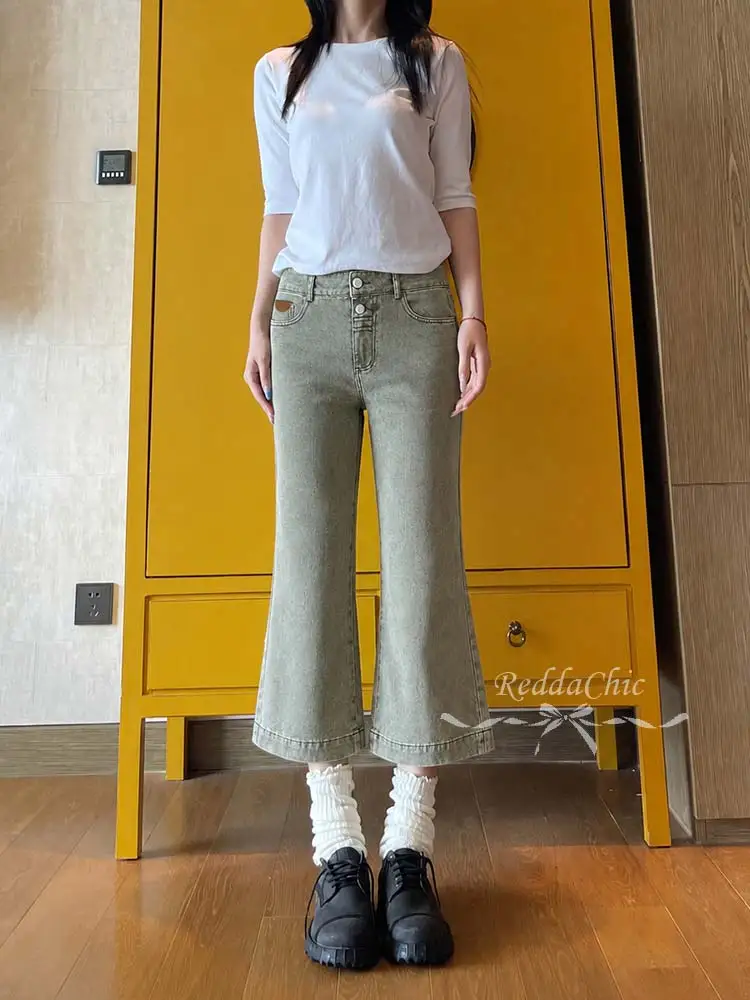 ReddaChic Women's Flared Jeans Jorts Korean Vintage High Waist Double-button Do Old Denim Bermuda Shorts Y2K Trendy Streetwear