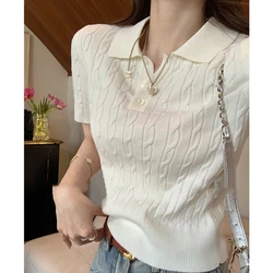 Women's Summer Polo Collar Short Sleeved Ice Silk Loose Solid Color Lapel Knit Cardigan T-Shirt Top