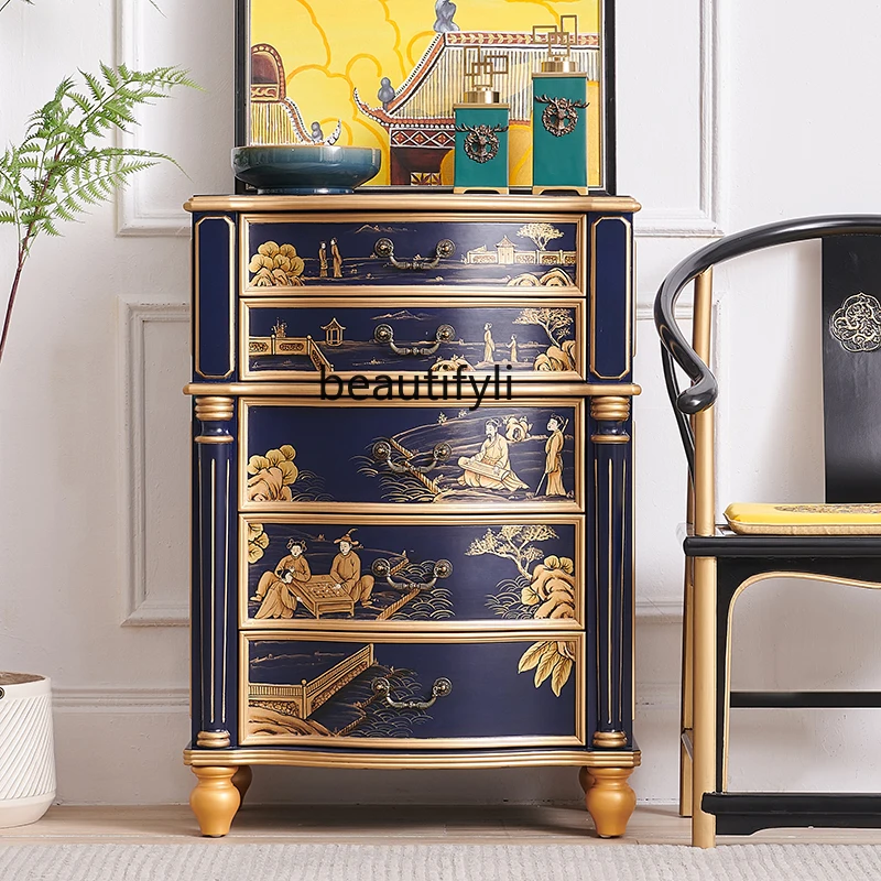 

French Style Solid Wood Painted Bedroom Storage Drawer Cabinet Chinese Style Sofa Decorative Standing Cabinet