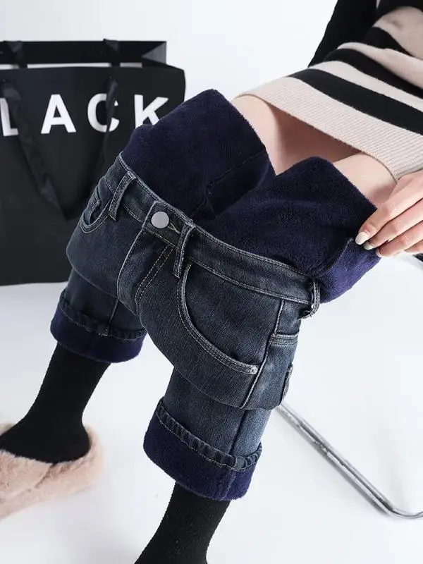 Bla Fce gevoerde Thi denim jeans dames hoge taille rechte pijpen slim fit negen punten broek herfst winter nieuwe Sle