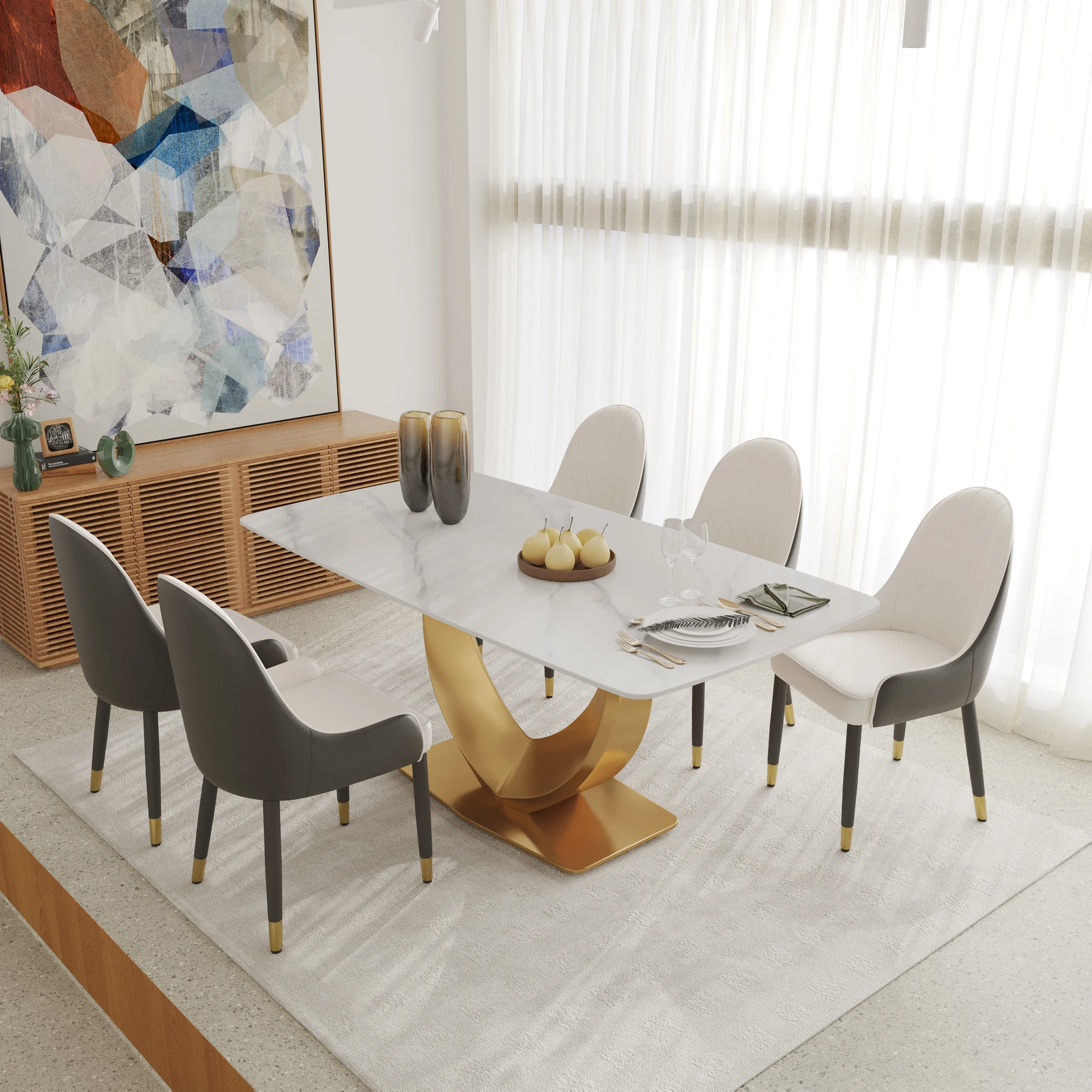 

Atunus USA Drop Shipping in Stock Modern Luxury Sintered Stone Dinner Rectangle Golden Metal Leg 6 Seater Marble Dining Table