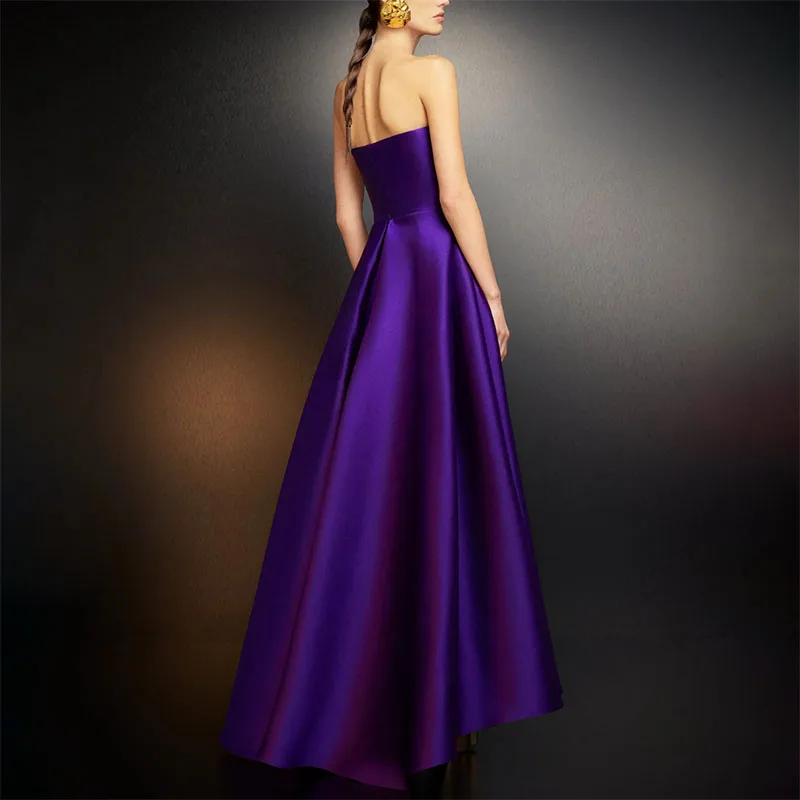 Elegant Long Satin Purple Evening Dress With Side Train Sheath Strapless Pleated Ankle Length Prom Dress Party Dress for Women