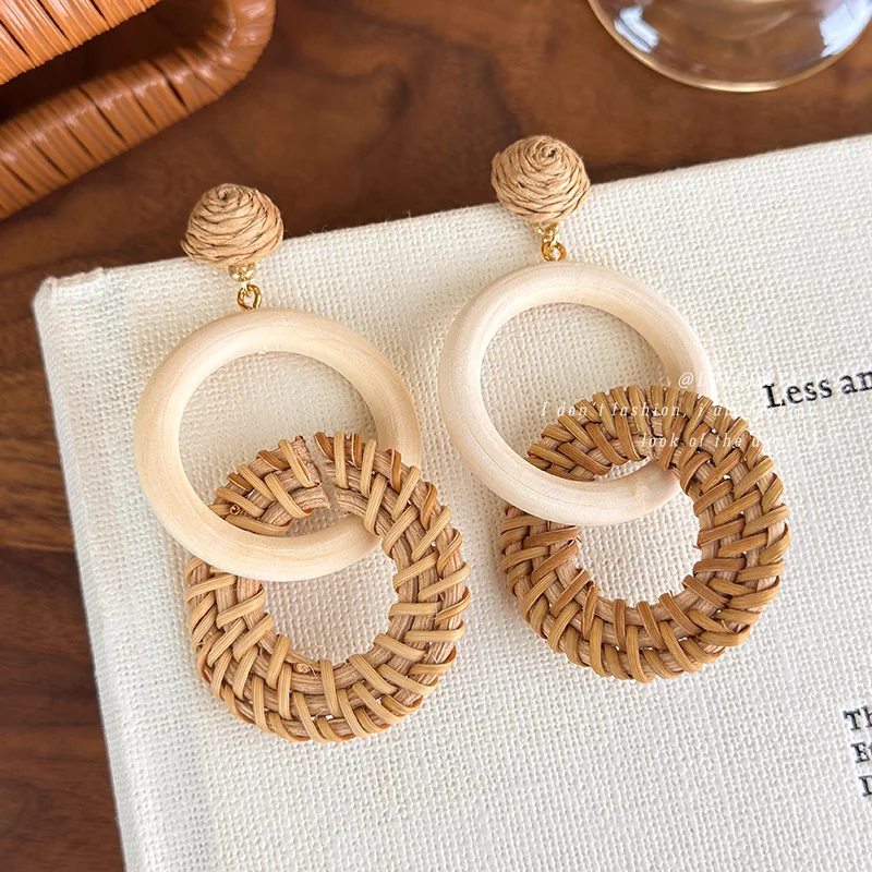 Round Long Rattan Earrings Premium Lightweight Natural Rattan Jewelry for Women Elegant High Texture Seaside Vacation Accessory