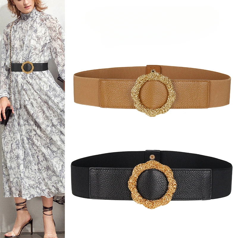 Western Cowhide Leather Round Buckle Elastic Women Waistband Belt Fashion Dress Coat Sweater Cummerbund for Ladies