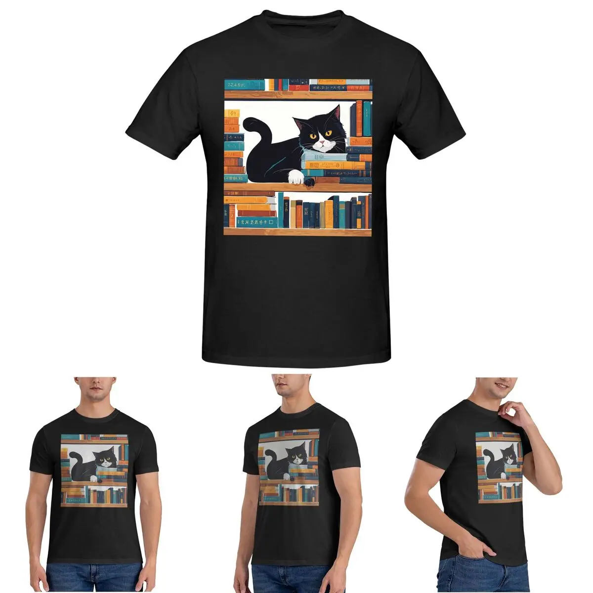 

Милый смокинг с котом и книжным магазином, футболка для мужчин, хлопковые футболки большого размера, мужские футболки с коротким круглым вырезом, летняя одежда, топы S-6XL