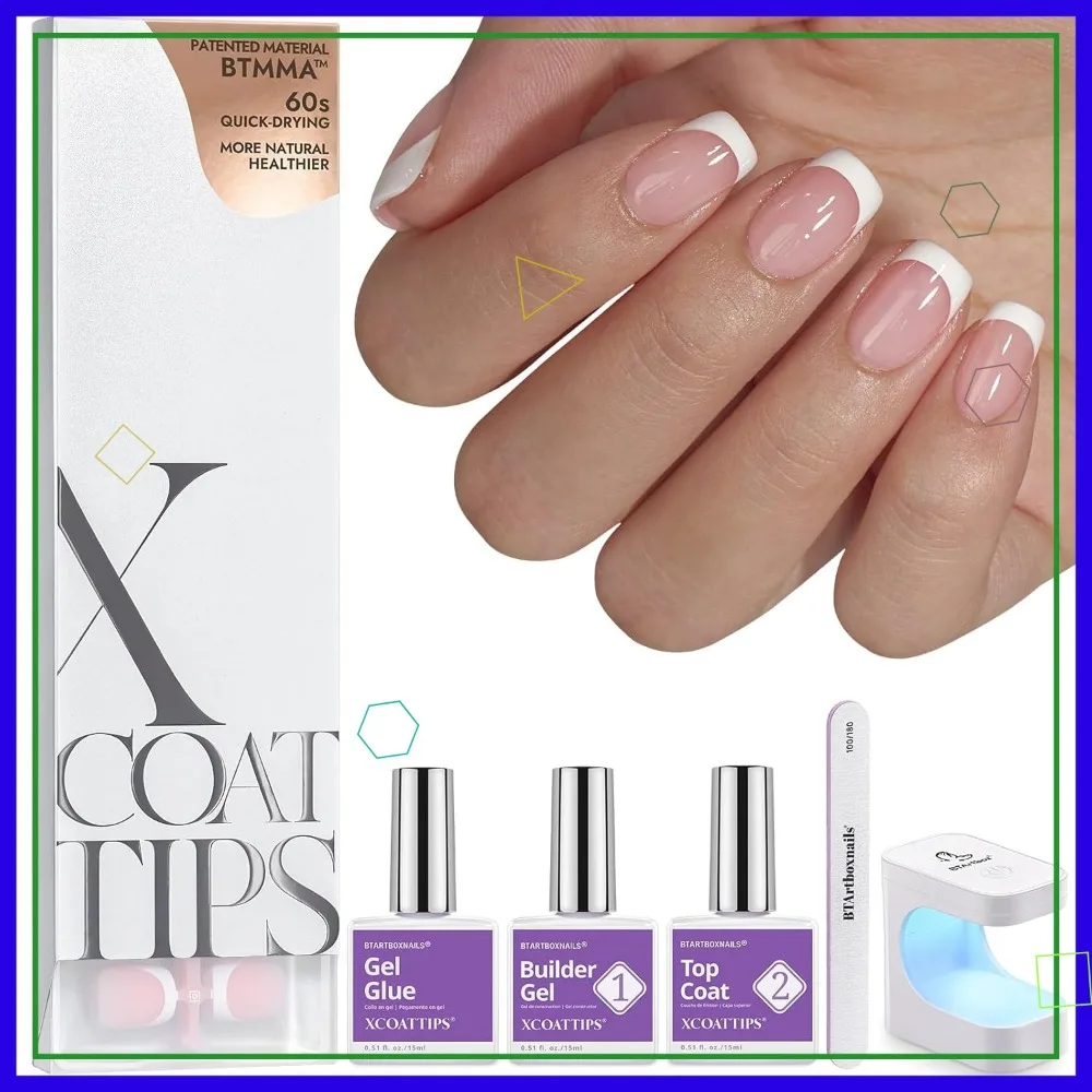 

Очень короткие квадратные французские типсы с гелем, лампой и инструментами — универсальный набор для наращивания мягкого геля для салона маникюра