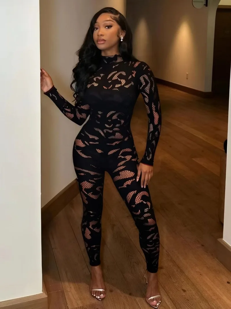 Women Cutout Mesh Bodystocking Pants See Through Tight Sexy Club Lingerie