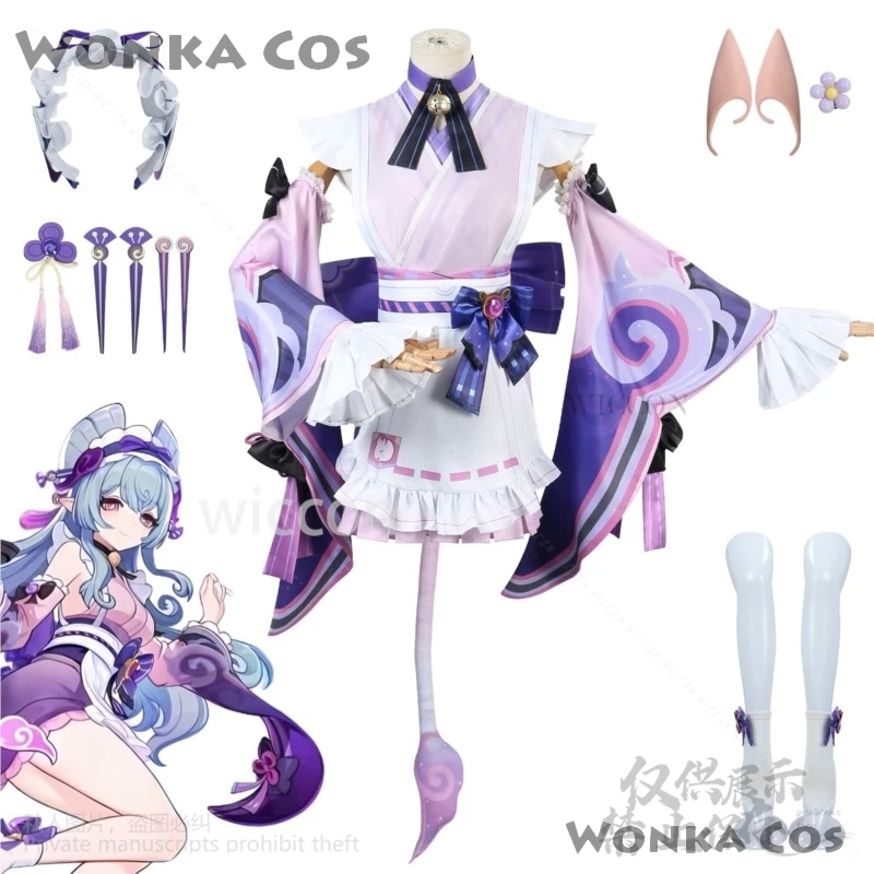 게임 Genshin Impact Yumemizuki Mizuki 코스프레 애니메이션 핑크 퍼플 메이드 복장 로리타 가발 모자를 쓰고 있죠 양말 귀걸이 소녀 용