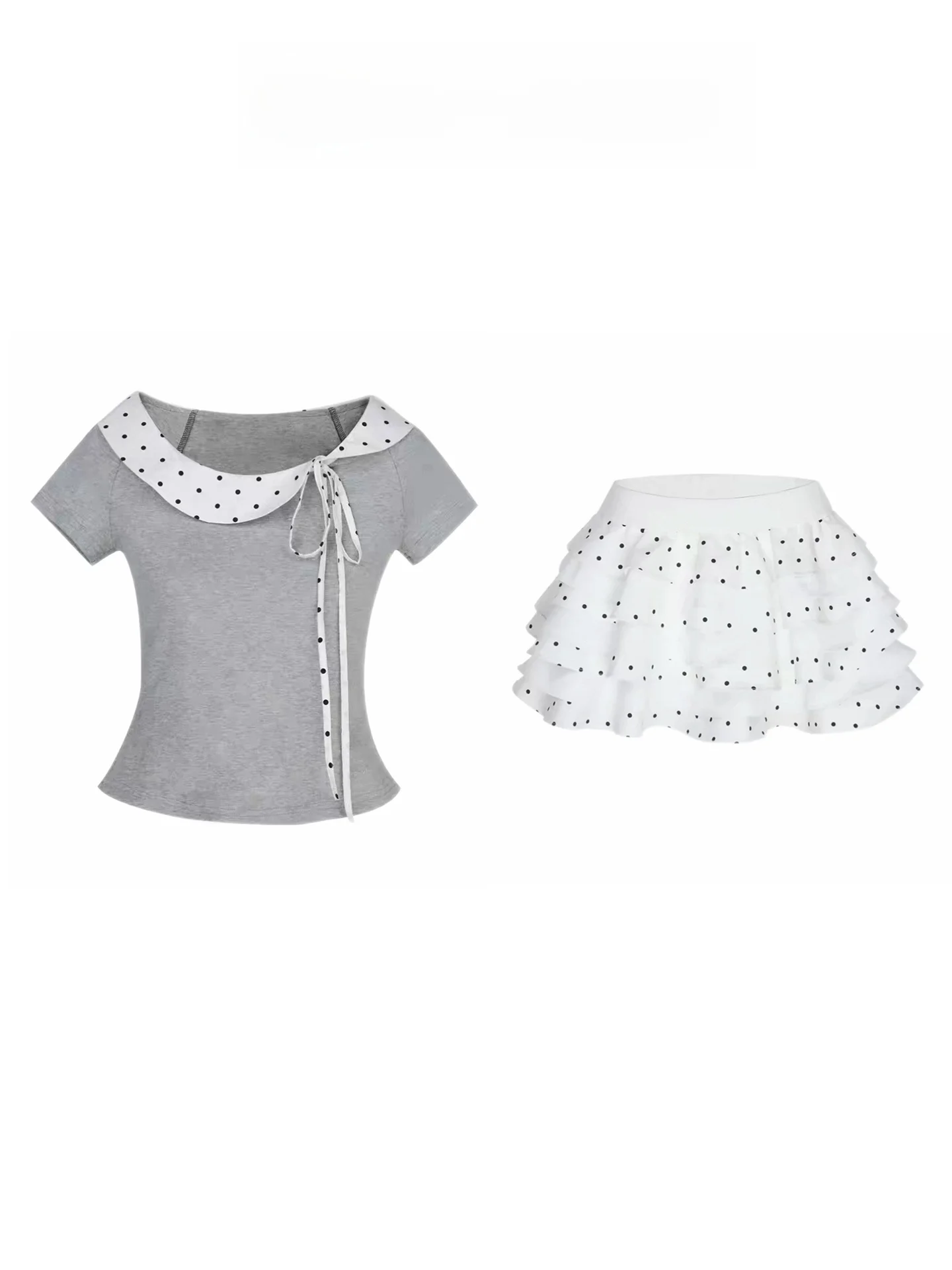 

Korean Style Polka Dot Collar Short Sleeve T-Shirt Women's Slimming Summer Fashion Set White Short Skirt Two-Piece Ensemble