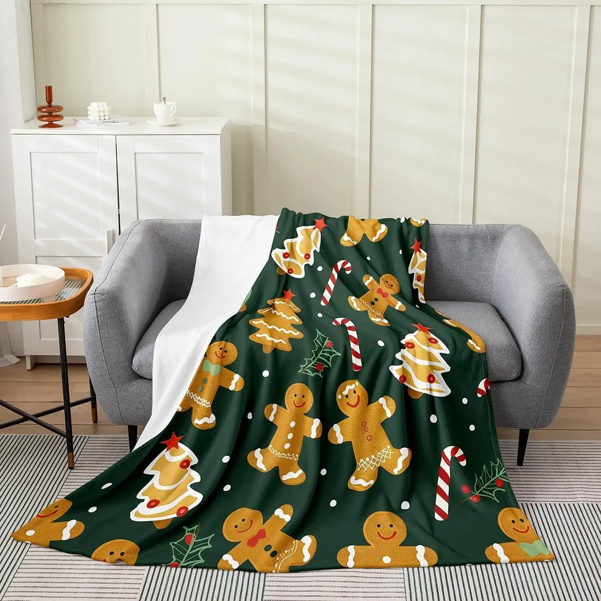 Merry Christmas Flannel Fleece Throw Blanket Gingerbread Man Baby Xmas Tree Fleece Throw Blanket for Kids Women Men Bed Couch