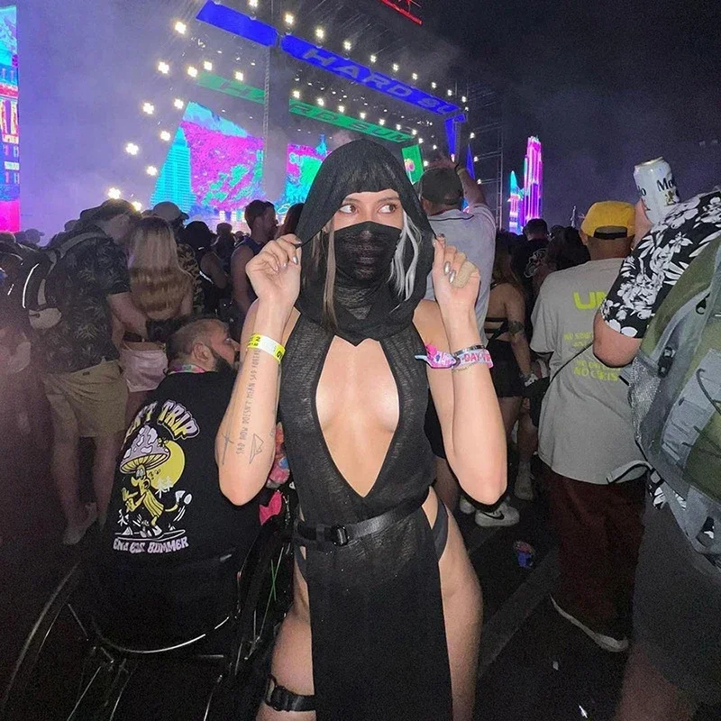 

Women Gothic Black Hooded Knitted High Split Long Dress Hollow Sexy See-through Straight Dress Festival Rave Club Wear