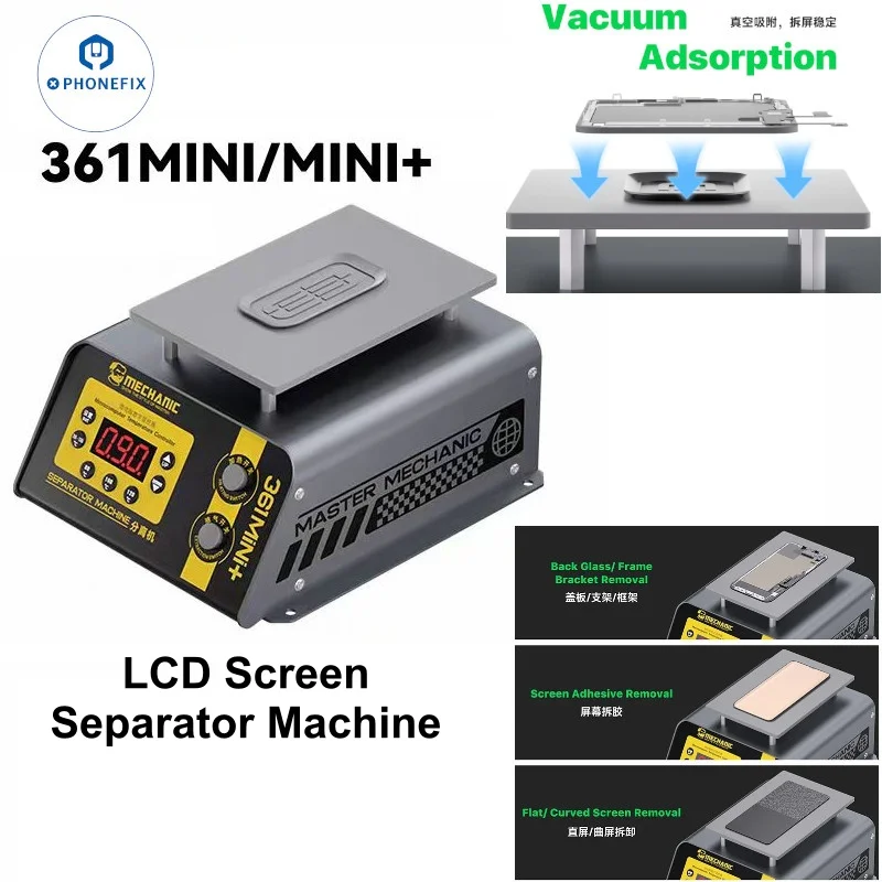 

Машина для разборки экранов MECHANIC 361 Mini+ со встроенным вакуумным насосом для ремонта телефонов, разборки рамок, плоских и изогнутых экранов