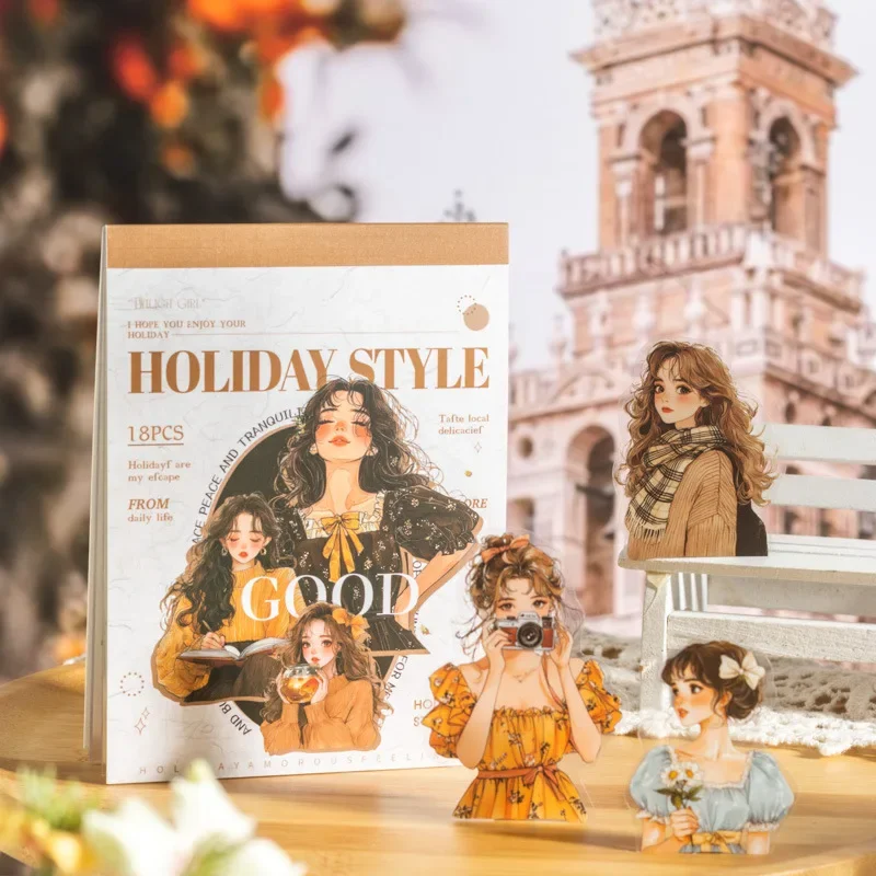 18Pcs PET Sticker Book Holiday Style Decorative Character pack Girls Bottom Daily Stationery Background Scrapbook cut 160*105mm