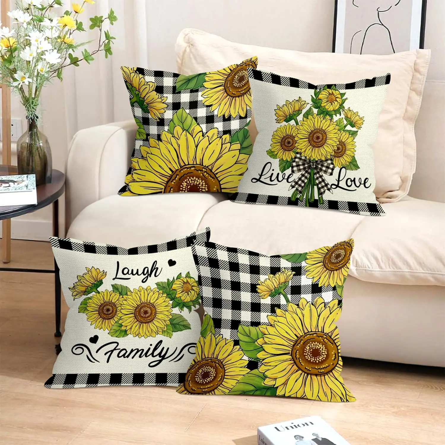 4pcs Sunflower Buffalo Plaid Live Love Laugh Family Floral Printed Pillow Cover Polyester Cushion Case 2D Flat Farmhouse Now
