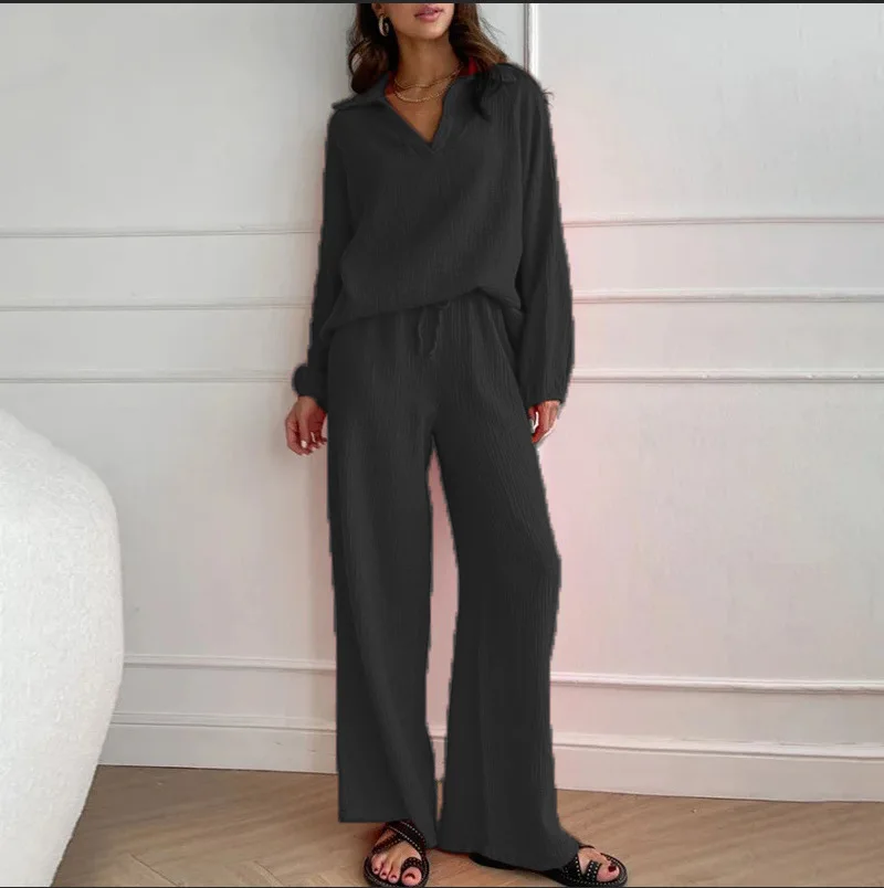 Tracksuit Wide Leg Ankle Length Solid Tops V Neck Cardigan Women Pant Sets Two Pieces L Matching Sets Loose Casual Pockets