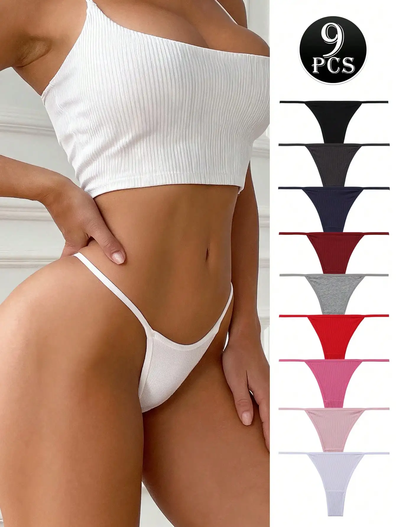 9Pcs Sexy Thong Panties Ribbed Low Waist Seamless Thongs Soft Briefs Breathable Comfortable G-String Underwear Simple Style