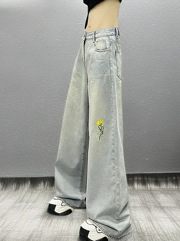 

High Waist Embroidered Wide Leg Jeans Women's Floor Length Casual Sle Comfortable Fit High Waist Denim Pants Autumn Season