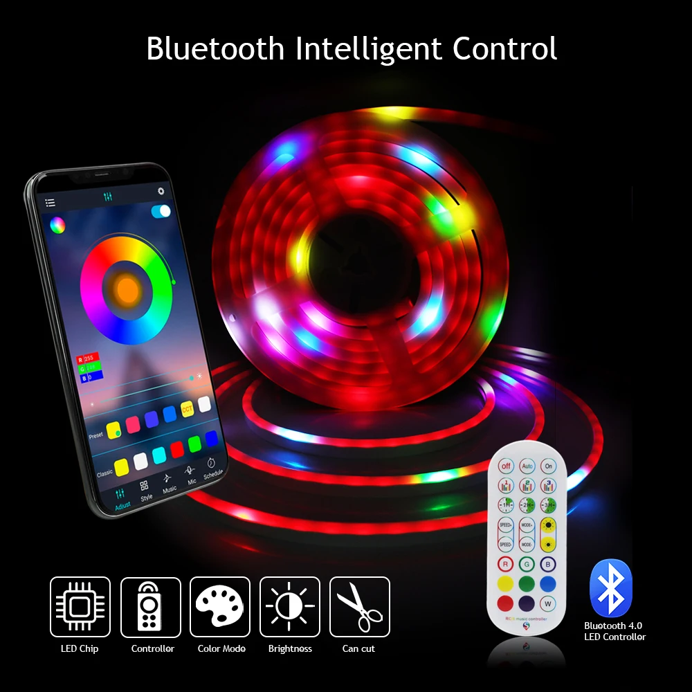 Silcone Neon LED Strip Light 5V WS2812B RGB Dream Color Bluetooth Remote Control Waterproof Neon Light Bedroom TV Backlight