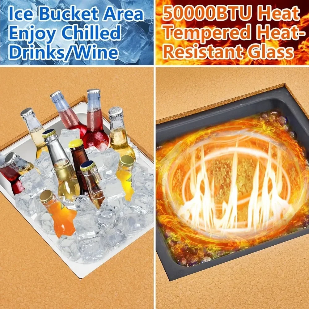 56" Propane Fire Pit Table with Ice Bucket，Dual-Use Functionality, Sturdy Construction，CSA Safety Certified，Fire Pit Table
