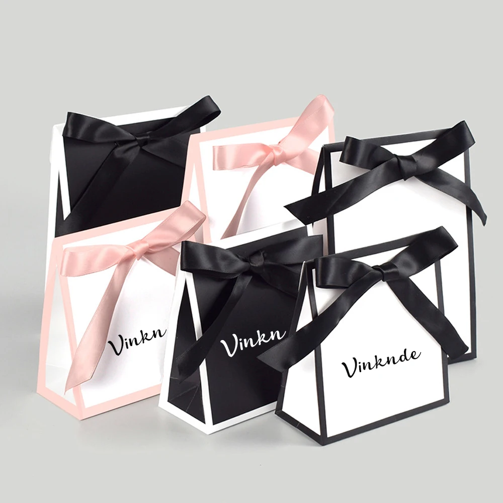 Customized Gold Foil Logo Paper Bow Ribbon Bags For Hair Extension Packaging Clothing Cosmetic Jewelry Perfume Wedding Gift Bag