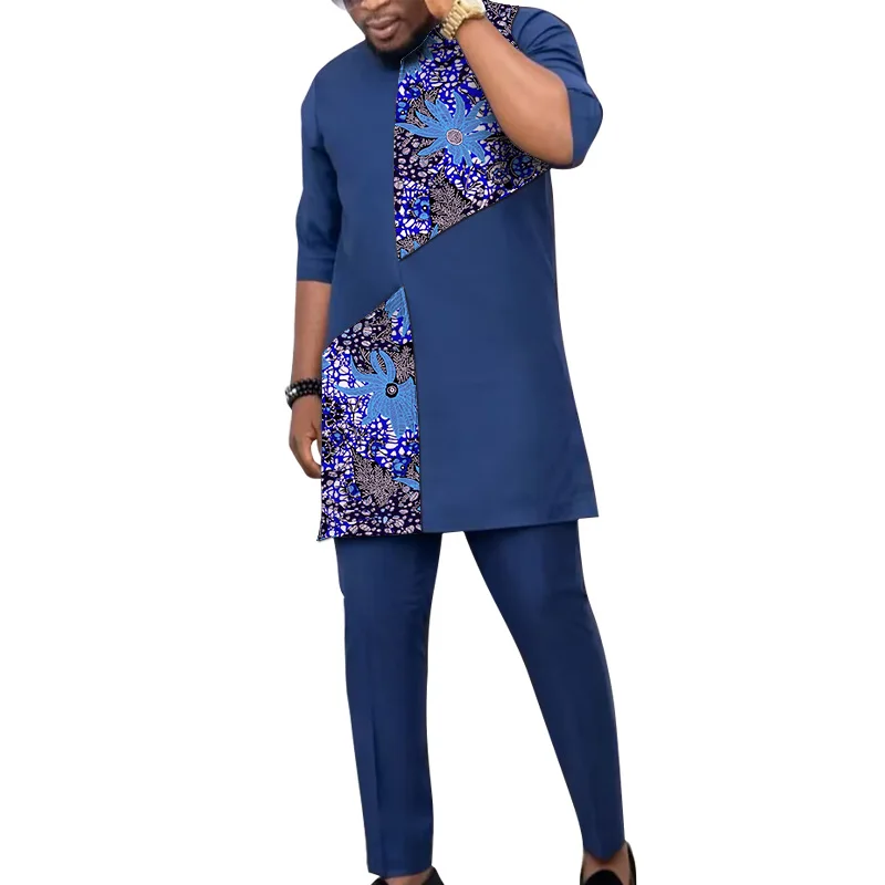 African Patchwork T-Shirt+Solid Pant Half Sleeve Tops Dark Blue Men\'s Set Nigerian Fashion Wedding Outfits