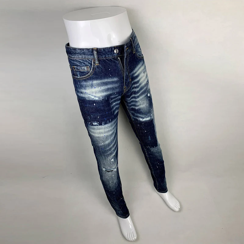 Jeans rasgado azul retrô masculino, calça elástica, slim fit, moda de rua, designer pintado, marca hip hop, alta qualidade