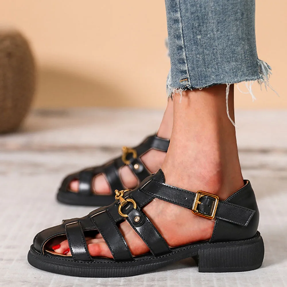 Flat Sandals Women 2024 Summer Retro Metal Chain Closed Toe Ladies Roman Flat Sandals Large-Sized Buckle Strap Gladiator Sandals